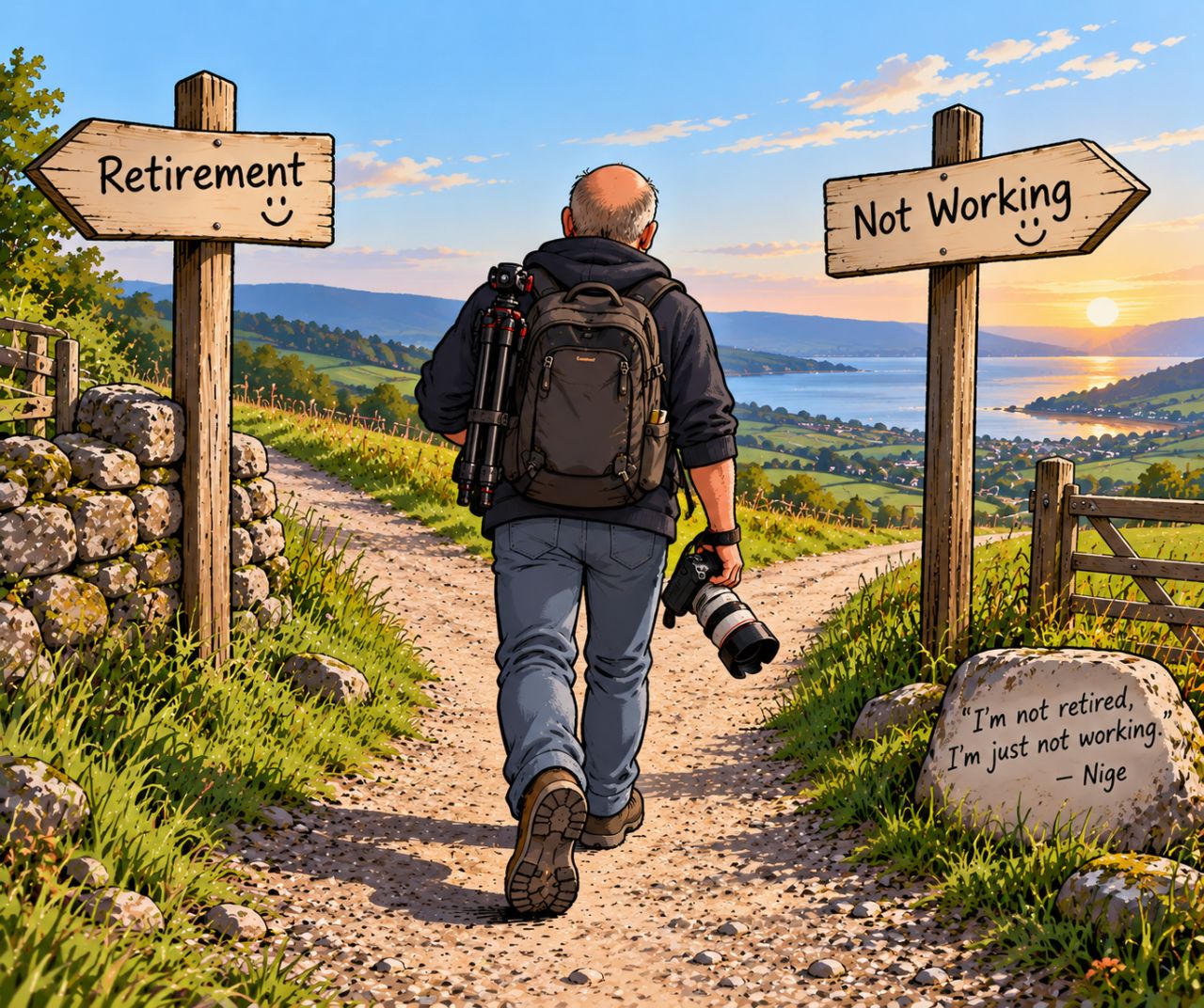 Illustrated countryside scene of a balding man walking away along a forked rural path at sunset, carrying a camera with a tripod strapped to his backpack. A wooden sign points left to “Retirement ” and another points right to “Not Working ”. On a rock beside the path is written: “I’m not retired, I’m just not working.” – Nige. Rolling green hills, a lake and distant mountains fill the background.